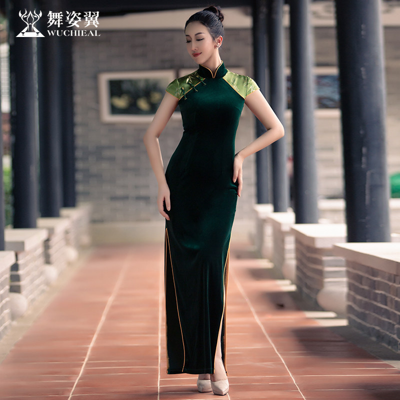 丝绒走秀旗袍舞姿翼国风长款无袖