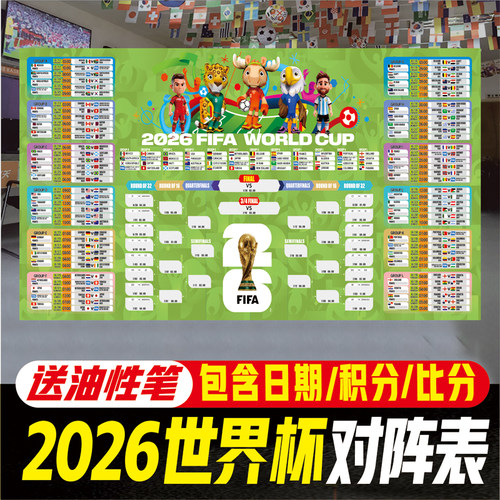 美加墨2026世界杯比分表对阵图英文赛程表足球海报彩票店宣传布置
