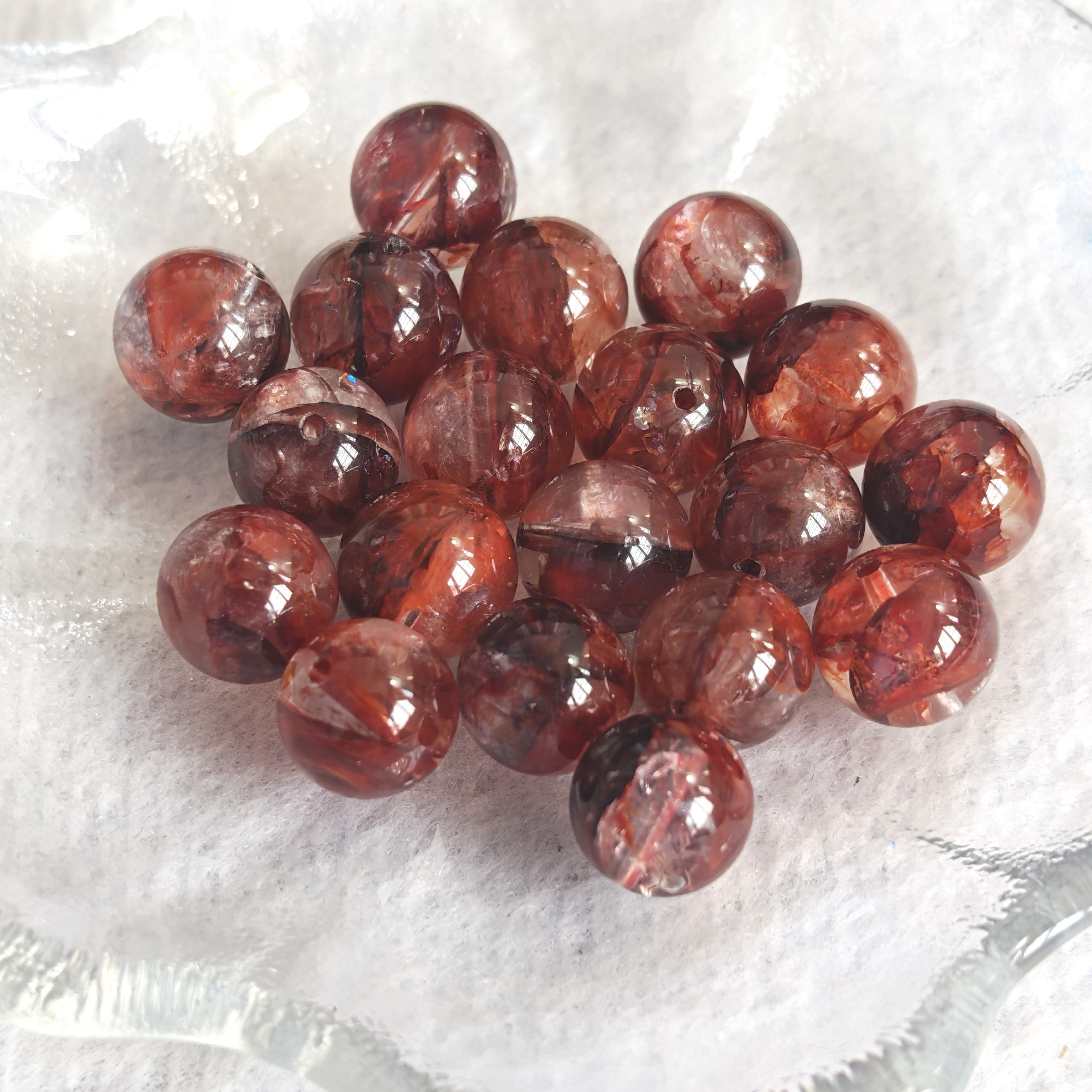 天然冰透牛血红胶花红胶花10mm-11mm圆珠单珠DIY散珠 配件