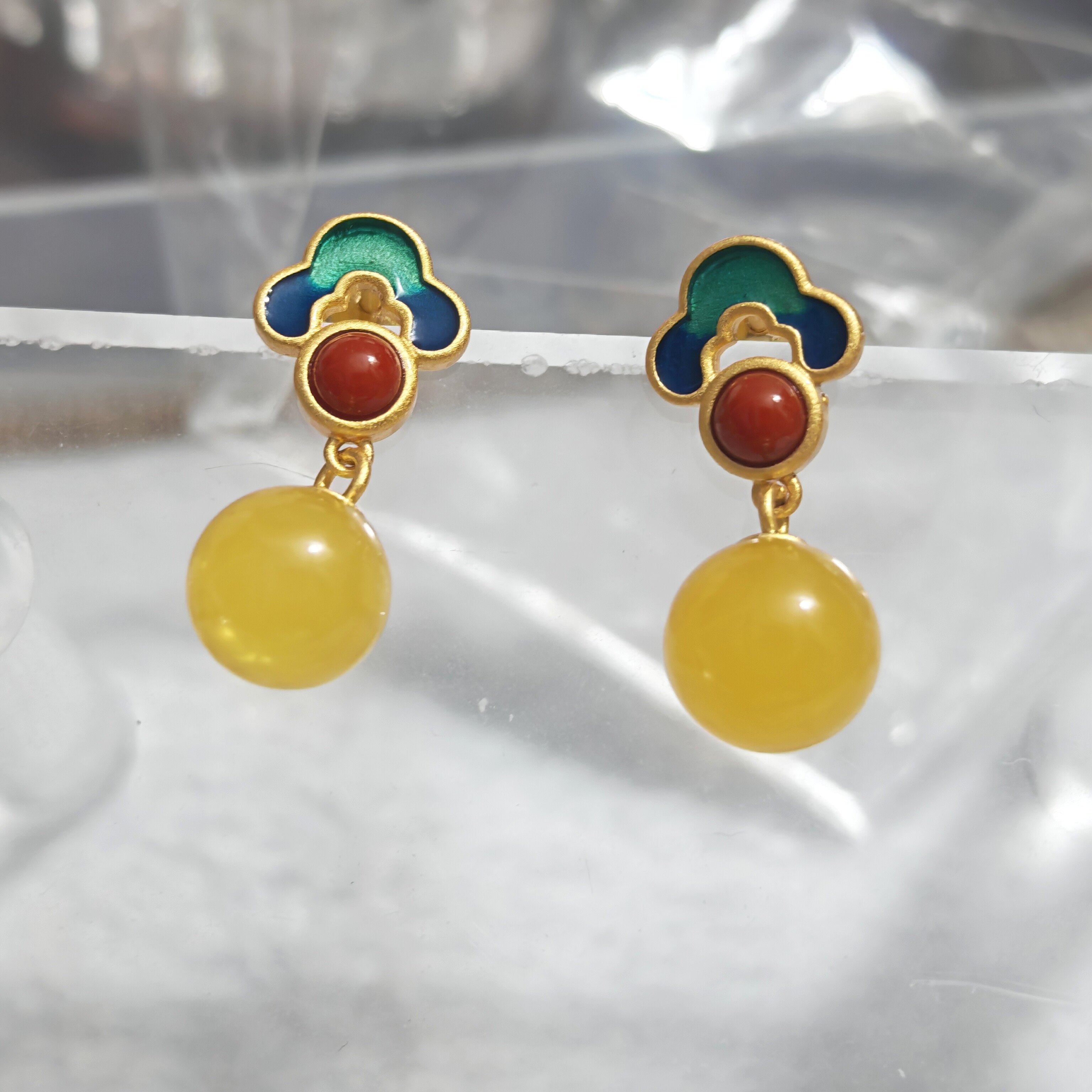 禧芙蓉XFOROS925银镀K金耳环琥珀蜜蜡耳钉景泰蓝祥云如意耳环