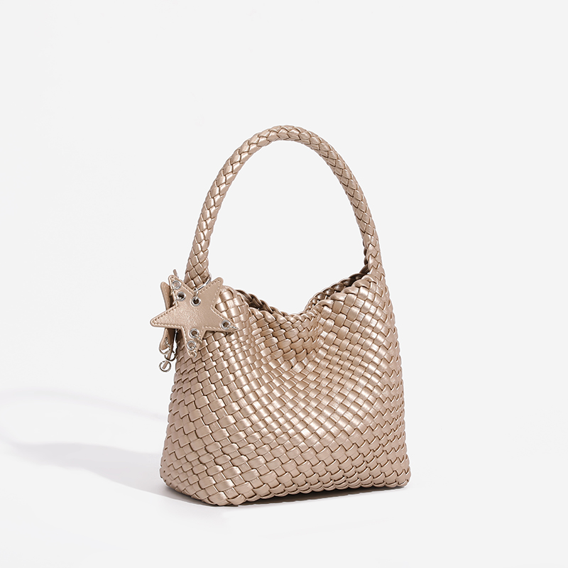 真皮手工编织包小号托特包新款香槟金时尚大容量腋下包通勤手提包