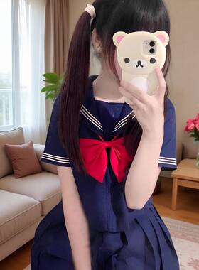 2026年夏季新款JK制服套装纯日系学院风淡蓝色百搭短袖上衣+红领