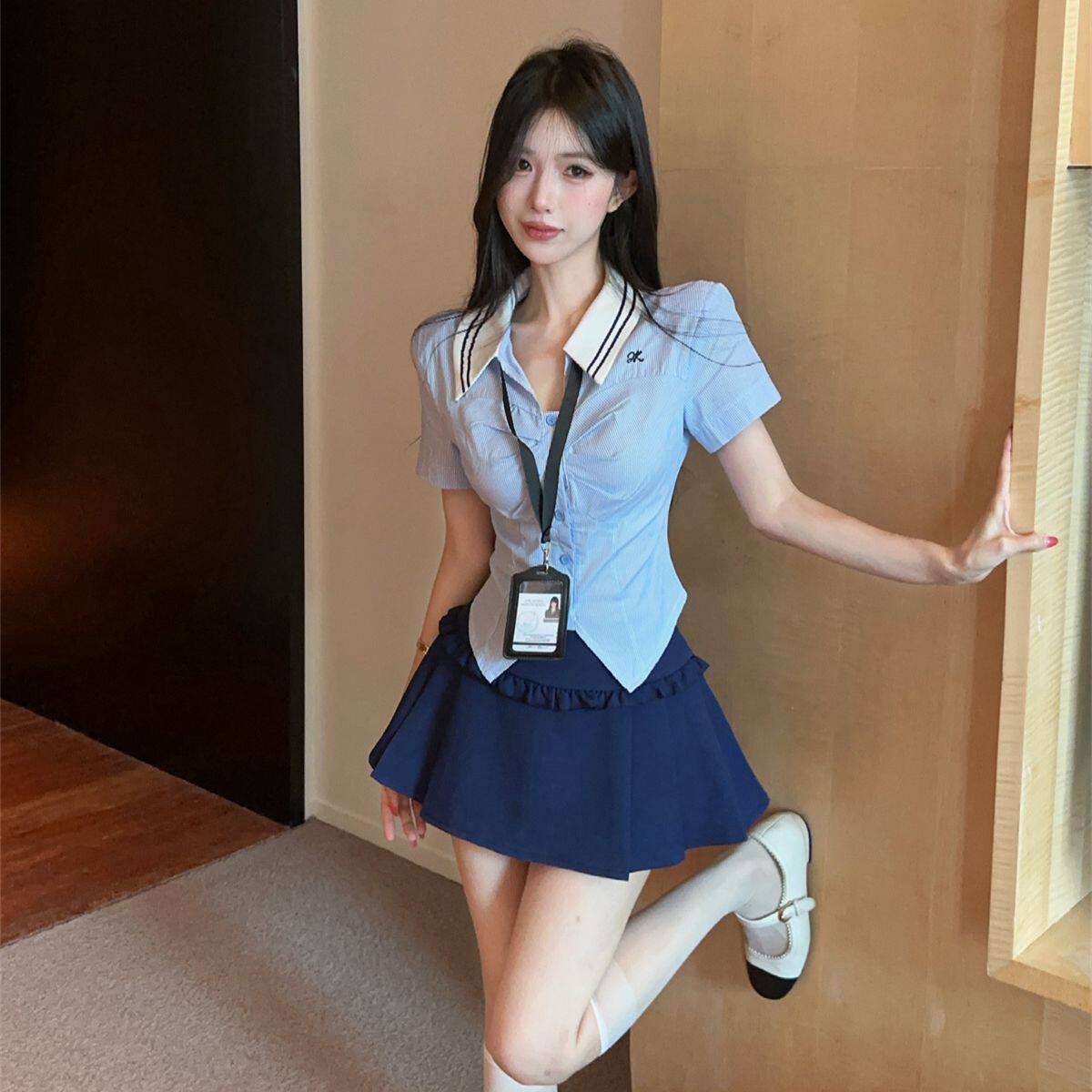 学院风时尚套装新款jk制服条纹V领修身短袖衬衫百褶半身短裤裙夏