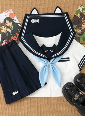 萌萌纪正版小猫原创jk制服水手服套装可爱蓝色领结短袖半身裙学院