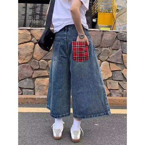 设计感口袋拼接格子牛仔裤男女情侣夏季新款高腰直筒七分牛仔潮裤