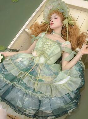 池中莲 夏日Lolita裙设计连衣裙清新少女 油画印花少女