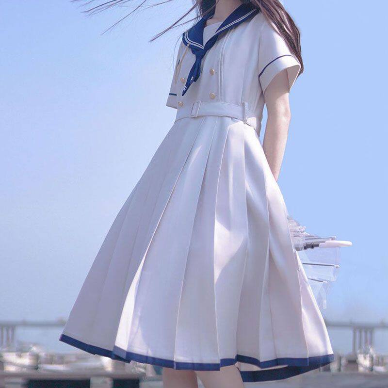 日系学院风甜美海军领领带收腰显瘦短袖百褶JK连衣裙女夏季学生