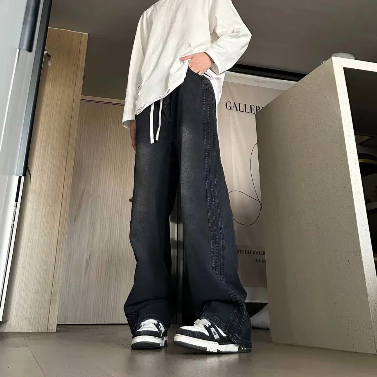 美式复古黑色牛仔裤男春款潮牌做旧松紧腰宽松百搭阔腿直筒长裤子