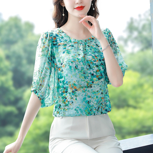 RM12273#夏季新款圆领五分袖桑花皱女气质碎花小衫2022夏季休闲百搭上衣