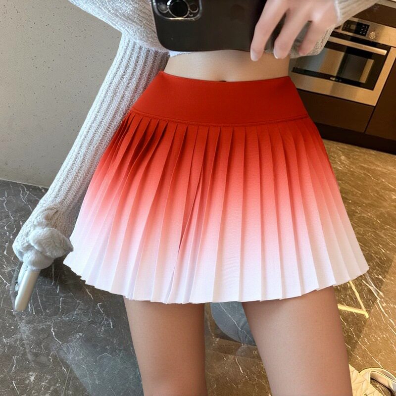 防走光渐变高腰网球假两件百褶裙