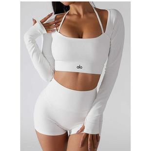 美国AL瑜伽服T恤带胸垫运动速干yoga螺纹紧身健身春秋外穿训练服