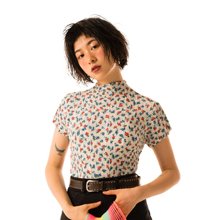 休闲饮料chill 复古上衣t恤背心夏上新 drink褶皱弹力日系碎花短袖