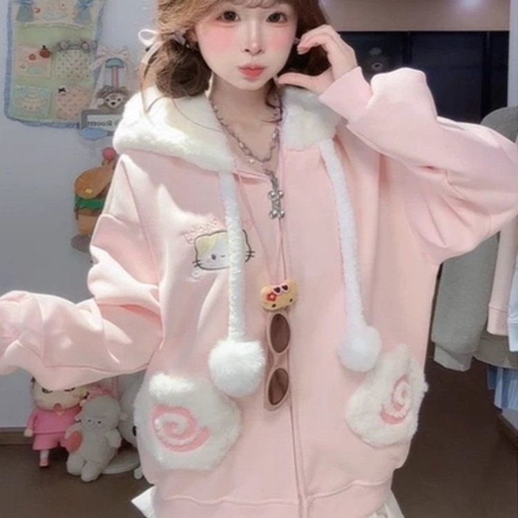 日系少女可爱刺绣小猫卫衣女秋冬季加绒加厚宽松开衫连帽甜美外套,女装/女士精品,卫衣/绒衫,淘宝优惠券,粉丝福利购,淘宝优惠卷