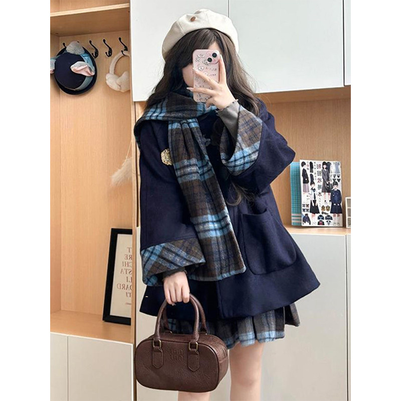学院风JK制服套装女秋冬小个子牛角扣毛呢外套+格子百褶裙两件套,女装/女士精品,时尚套装,淘宝优惠券,粉丝福利购,淘宝优惠卷