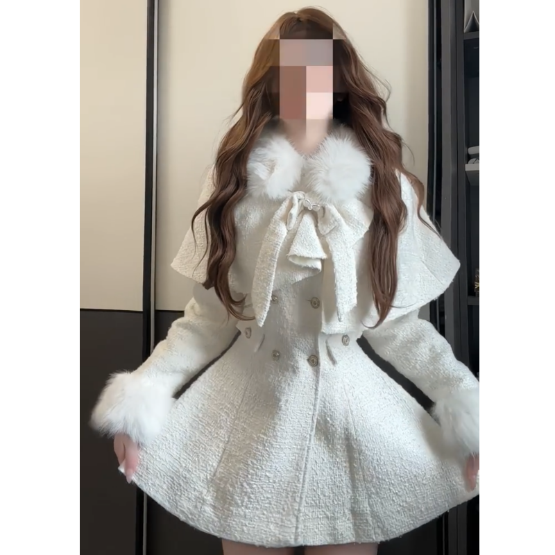 富家千金白色小香风套装女春秋季蝴蝶结收腰斗篷夹棉连衣裙两件套,女装/女士精品,时尚套装,淘宝优惠券,粉丝福利购,淘宝优惠卷