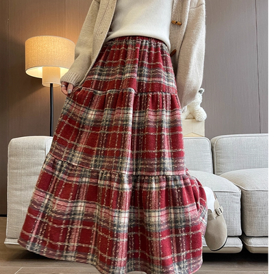 复古毛呢格子半身裙女秋冬2025新款高腰显瘦a字裙子中长款蛋糕裙