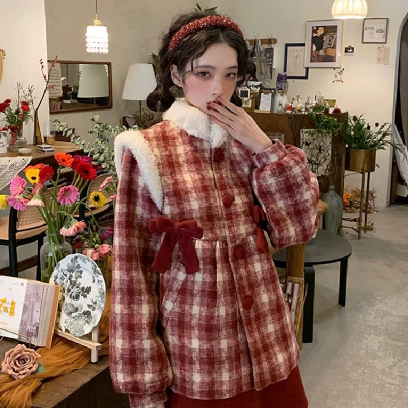 圣诞红色小香风套装女2025秋冬格子毛呢外套+a字半身裙气质两件套,女装/女士精品,时尚套装,淘宝优惠券,粉丝福利购,淘宝优惠卷