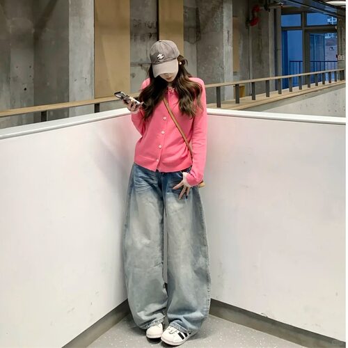 大码美式高腰浅蓝水洗做旧牛仔裤女春季2026新款显瘦复古窄版阔腿