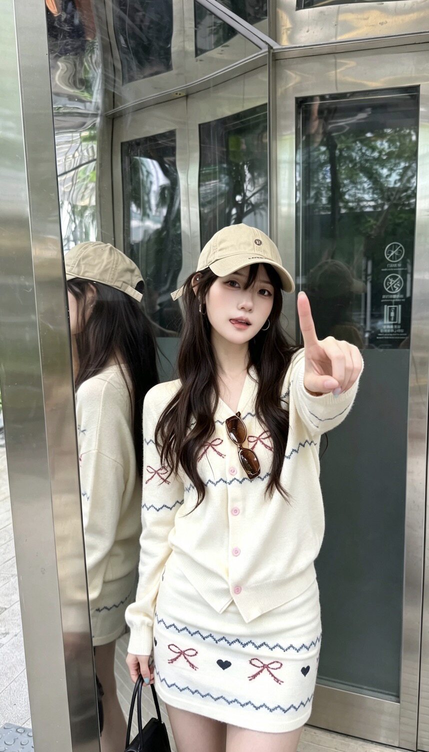 JIAYI～法系针织开衫半身裙套装女费尔岛风提花包臀短裙两件套～