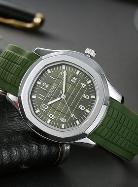 PLADEN手表经典手雷夜光硅胶带防水石英表方形商务高档男士手表