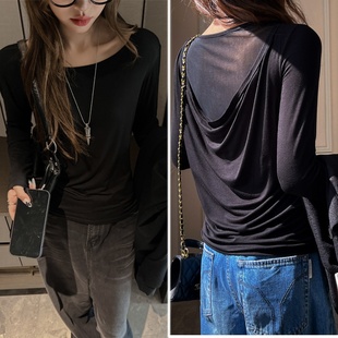 慵懒感显瘦内搭上衣 新款 工厂设计感后背拼接网纱长袖 t恤女早秋季