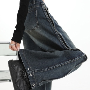 新款 休闲长裤 美式 女显瘦百搭神裤 复古高腰阔腿牛仔裤 秋季