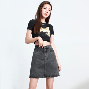 黑色牛仔短裙女夏季 高腰显瘦小个子超火a字包臀裙 薄款 2021年新款