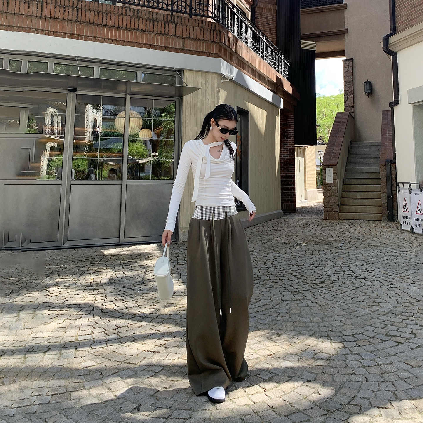 25秋冬季新款 美式复古撞色结构主义设计感高腰宽松阔腿休闲裤女