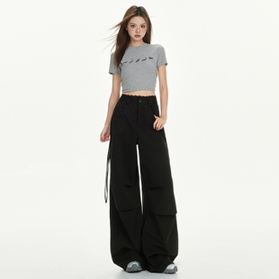 黑色腰头蕾丝花边牛仔阔腿裤女2025年夏季新款高腰绑带宽松长裤