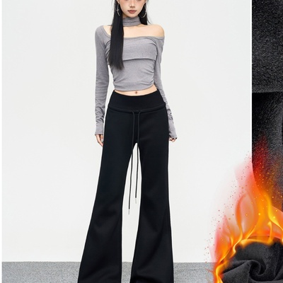 美式休闲显瘦舒适运动秋冬长裤垂感加绒拖地百搭宽松喇叭抽绳低腰