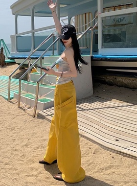 mali 玛莉&美式复古｜弯刀牛仔｜字母刺绣｜拼接宽松阔腿牛仔裤子