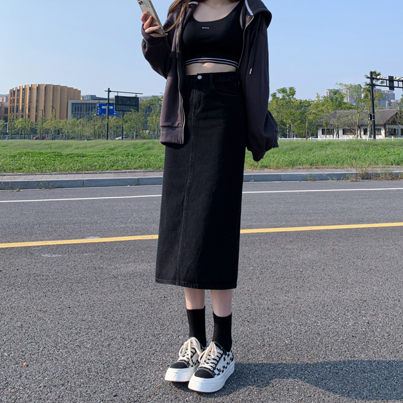 004黑色牛仔半身裙女中长款2022春夏高腰显瘦a字包臀遮胯潮
