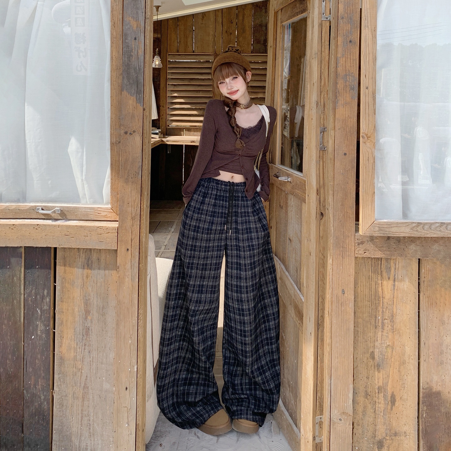 YC&美式复古高腰宽松阔腿裤百搭垂感抽绳秋冬弯刀裤百搭休闲裤女