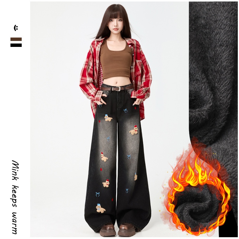 新款加绒黑色加绒刺绣小狗牛仔裤女宽松显瘦直筒设计感拖地裤