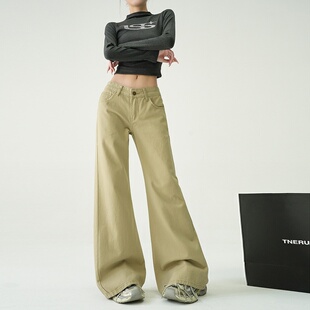 卡其色微喇不贴腿牛仔裤女美式复古低腰窄版显瘦长裤牛仔布牛仔