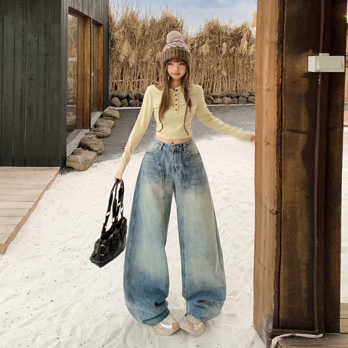YC&美式复古高腰宽松阔腿裤弯刀百搭毛边香蕉裤秋冬牛仔裤女加绒