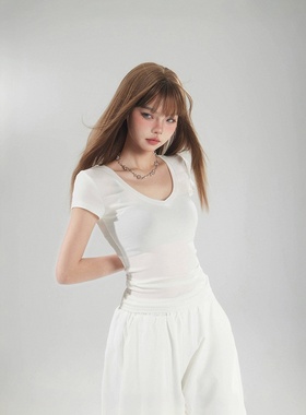 YC&3色美式复古v领基础t恤百搭修身显瘦欧美简约上衣短袖白色