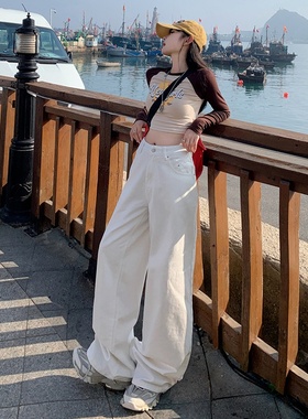 YC&白色复古高腰宽松阔腿裤百搭垂感秋冬直筒牛仔裤女&长裤加长