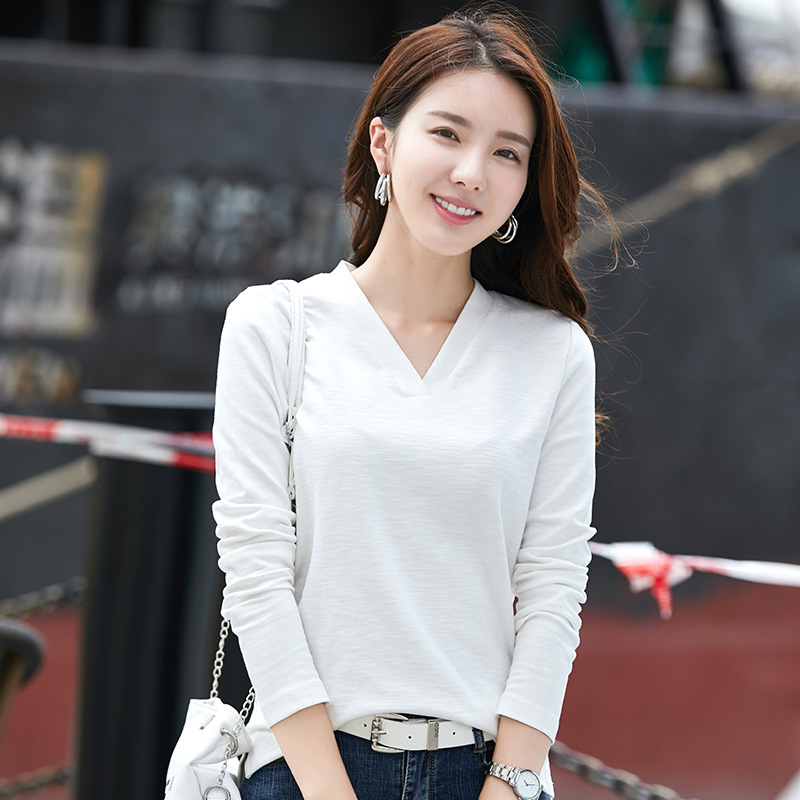 白色t恤女装2025春装新款潮V领竹节棉质韩版修身气质女上衣2129-