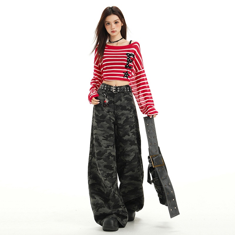 美式微喇迷彩工装牛仔裤2025秋冬新款高腰宽松阔腿拖地裤女