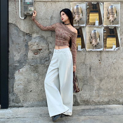 渣渣灰色爆款2025年春季宽松阔腿牛仔裤女高腰显瘦米白直筒拖地