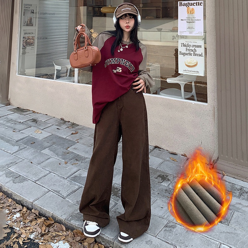 YC&3色美式复古高腰宽松阔腿裤垂感拖地百搭直筒牛仔裤女常规