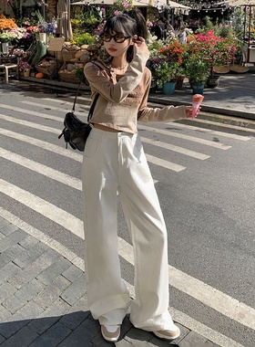 YC&复古高腰宽松阔腿裤白色百搭垂感直筒裤牛仔裤女新&长裤加长