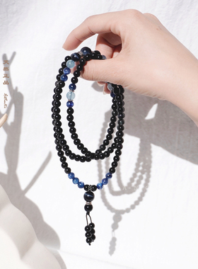 黑曜石手链108颗念珠蓝晶石手串