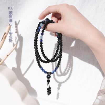 黑曜石手链108颗念珠蓝晶石手串