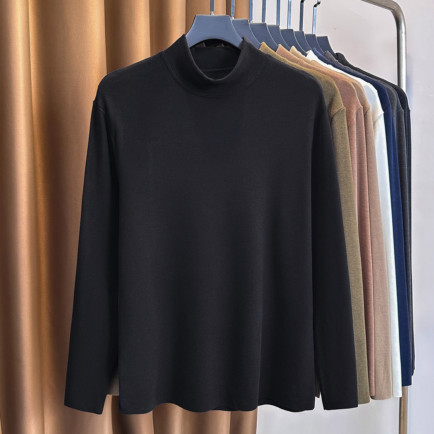 真德绒打底衫男秋冬加厚保暖长袖t恤男士冬季纯色内搭半高领秋衣t