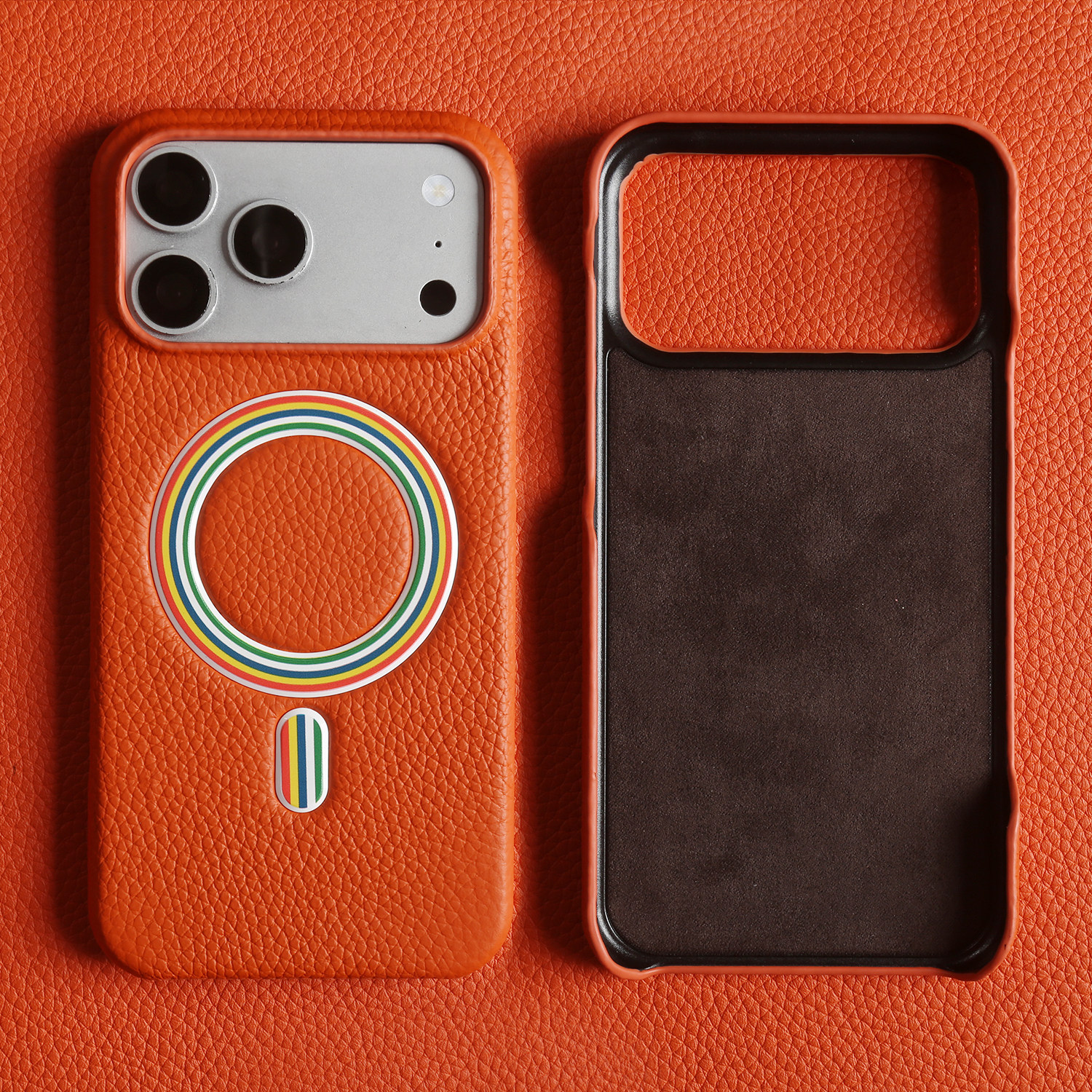 荔枝纹真皮适用苹果17ProMax手机壳Air新款16Pro彩虹磁吸圈保护套15Plus轻奢高级感14皮质13外壳防摔12牛皮套