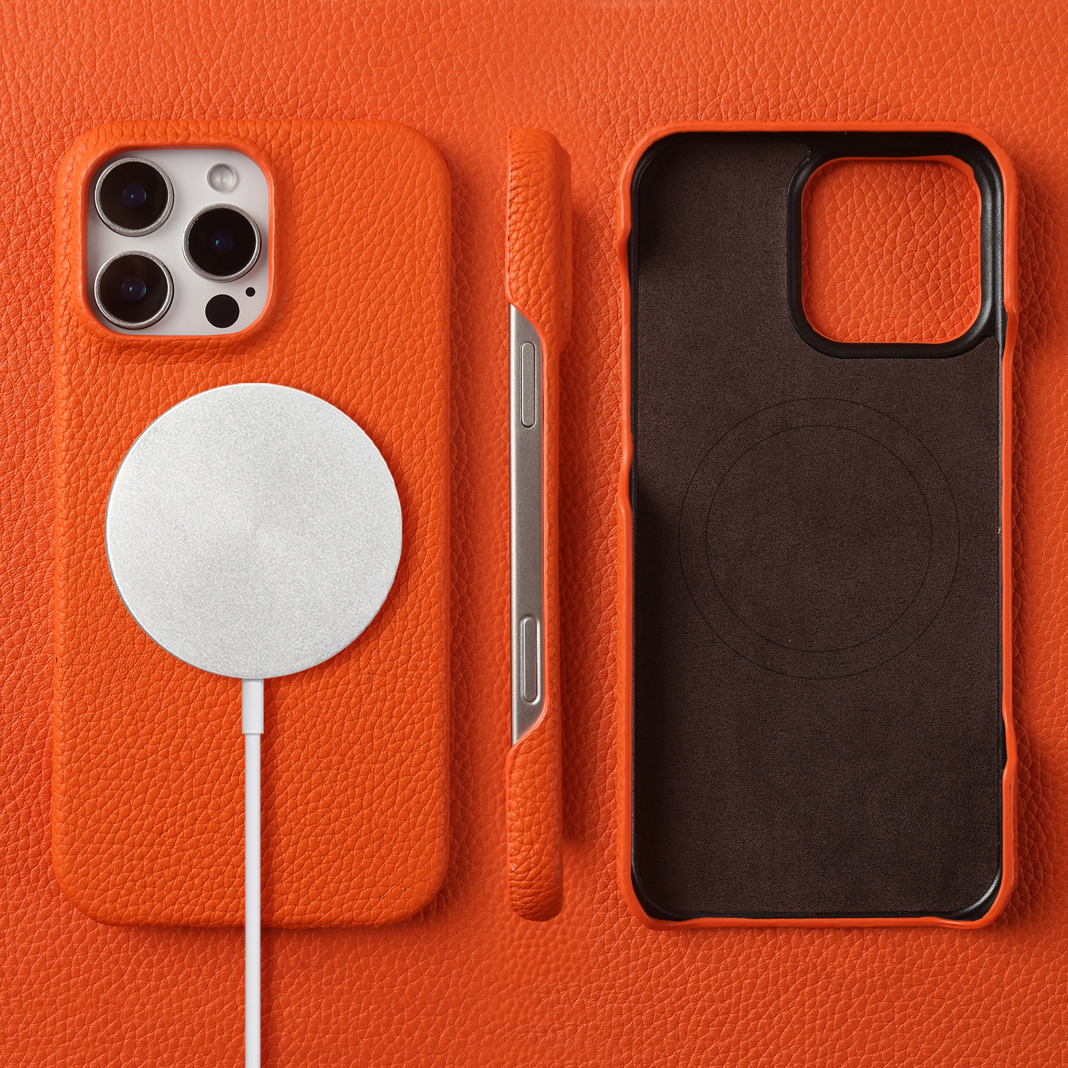 荔枝纹真皮适用苹果17手机壳磁吸