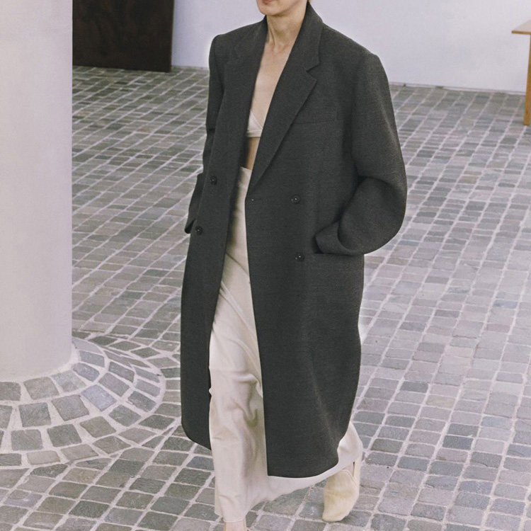 TDF 100羊毛 混色斜纹肌理 古典大宽肩大宽肩 长款切斯特 大衣