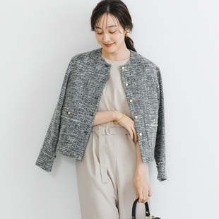 URB@N RESEARCH 厚实粗花呢编织 圆领 简洁小香风 金扣 短外套